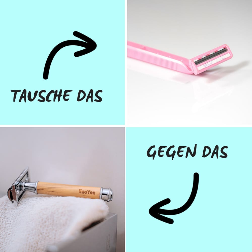 Tausche deinen Einwegrasierer gegen einen nachhaltigen Rasierhobel Rasierhobel vs Systemrasierer - der Gewinner EcoYou Rasierer Set Nachhaltig Zero Waste Bad Plastikfrei Leben ohne Plastik Test Vergleich Sieger kaufen