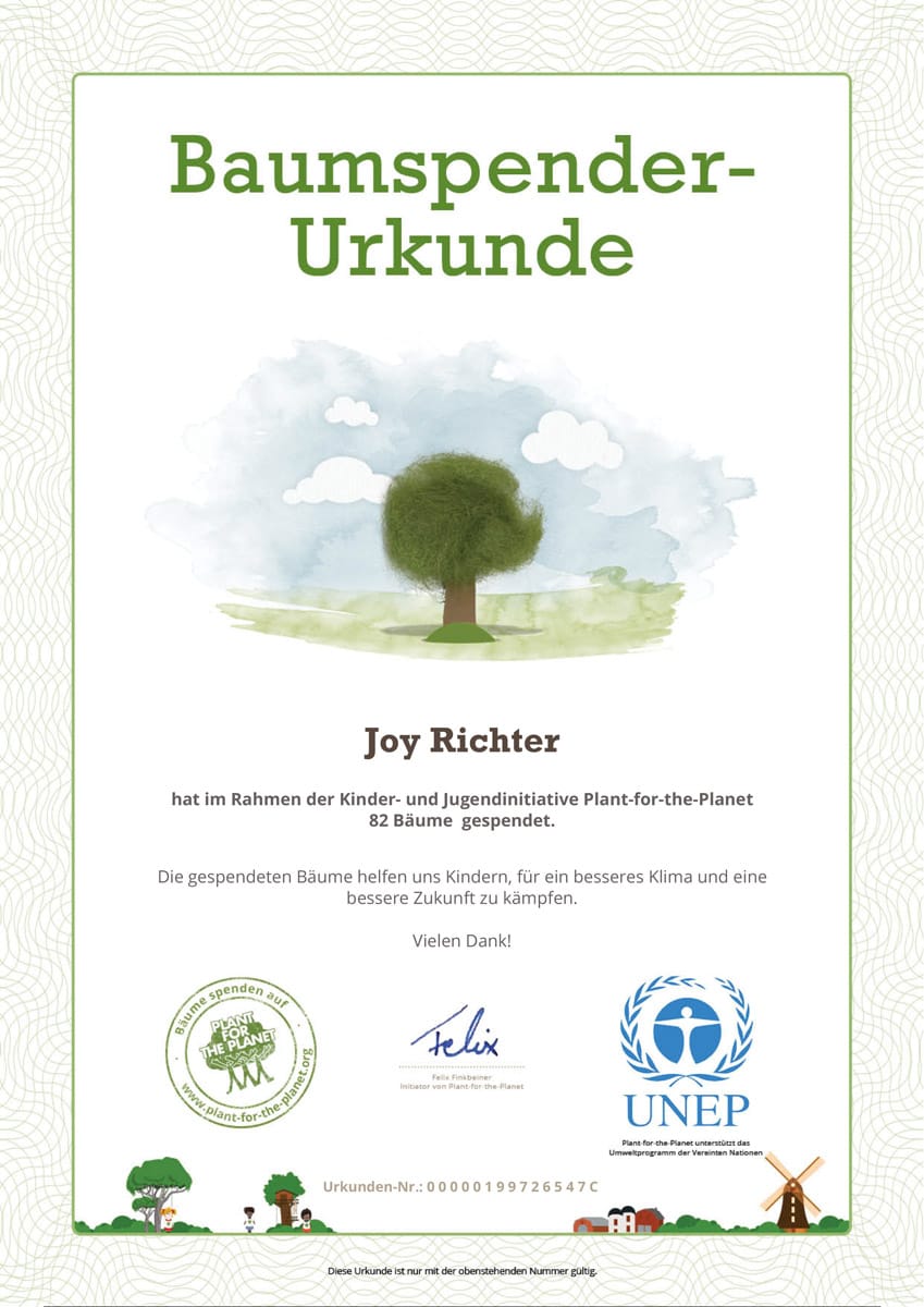 Baumurkunde-Januar Baum pflanzen Bäume Wald Umweltschutz ecoYou Plant for the Planet Spende Naturschutz Gemüsebeutel Abschminkpads